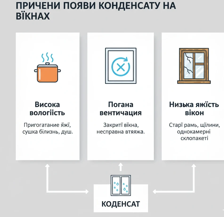 Основні причини конденсату на вікнах