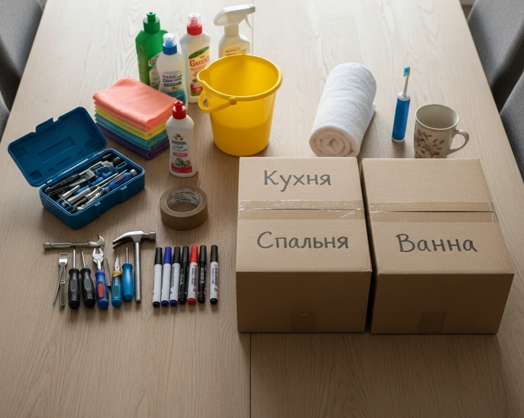 Список необхідних речей для переїзду: інструменти, уборочний інвентар, коробки та особисті речі на столі